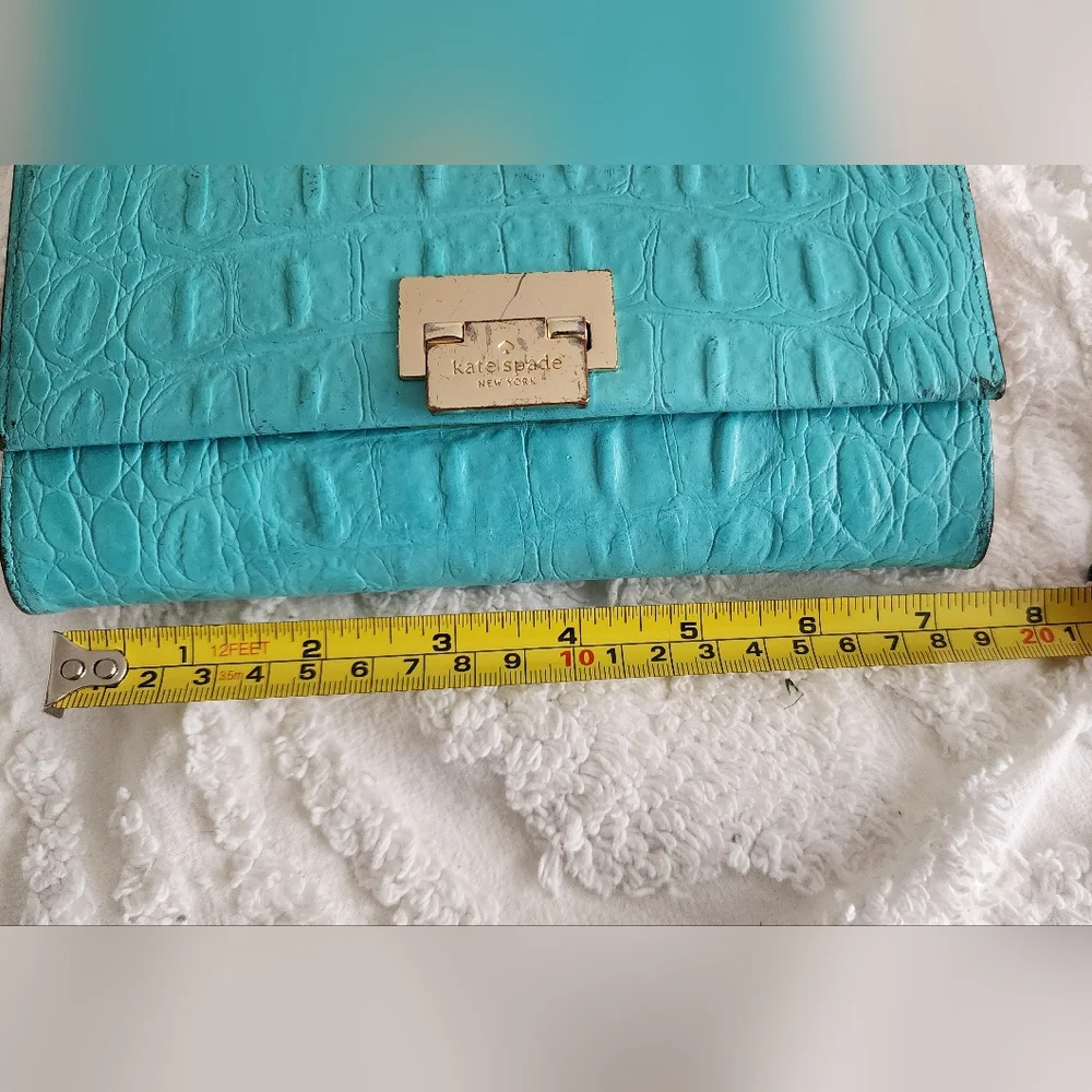 Kate Spade Accordian Flap Leather Wallet Croc Embossed Teal Preppy Chic